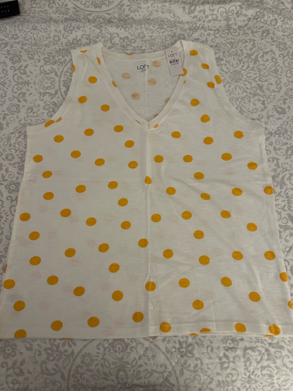 LOFT White V-Neck Tank with Yellow Polka Dots